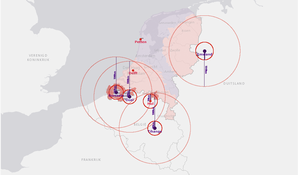 Kaart met kerncentrales en stralingsbereik Kaart met kerncentrales en stralingsbereik