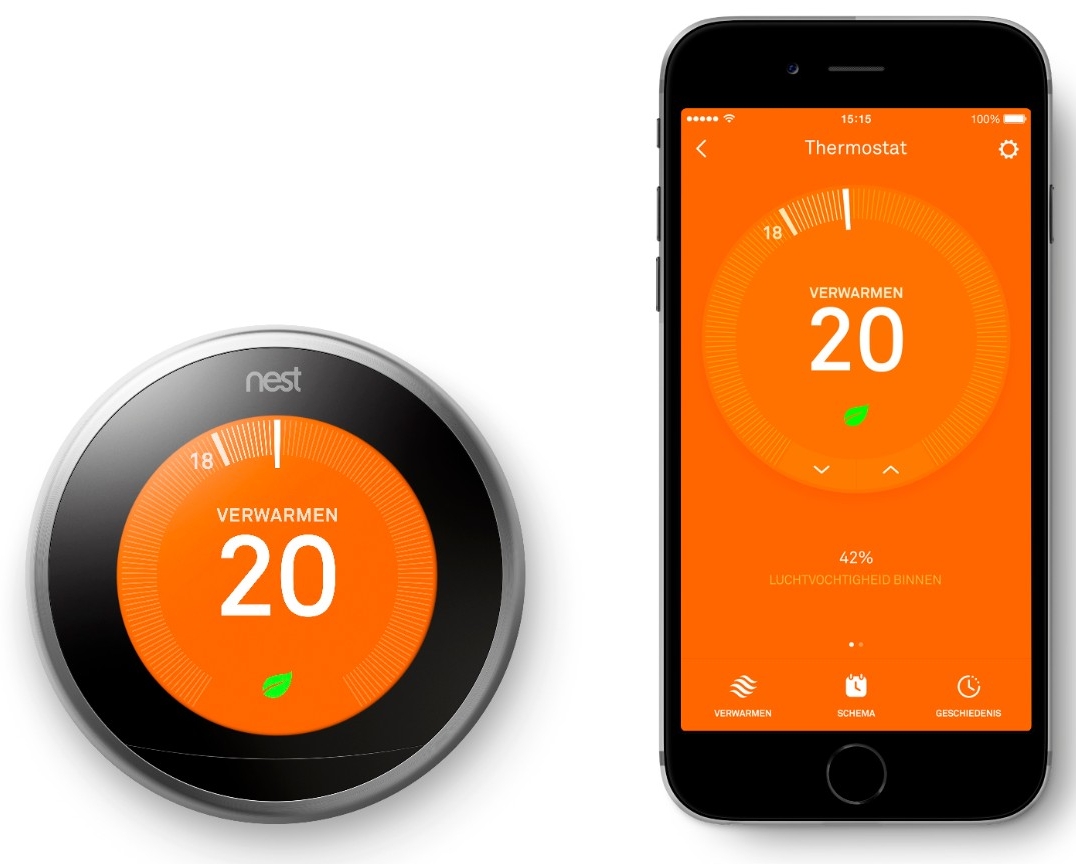 Nest slimme thermostaat en de Nest app op een smartphone Nest slimme thermostaat en de Nest app op een smartphone