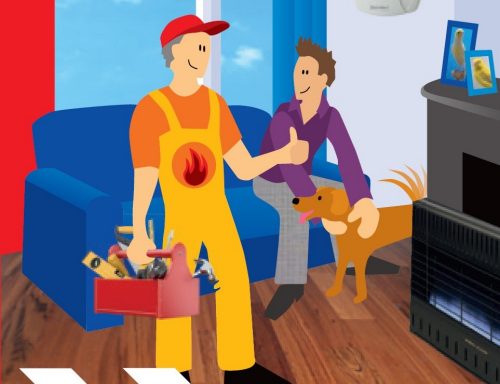Monteur veilige kachel steekt duim op naar meneer met hond