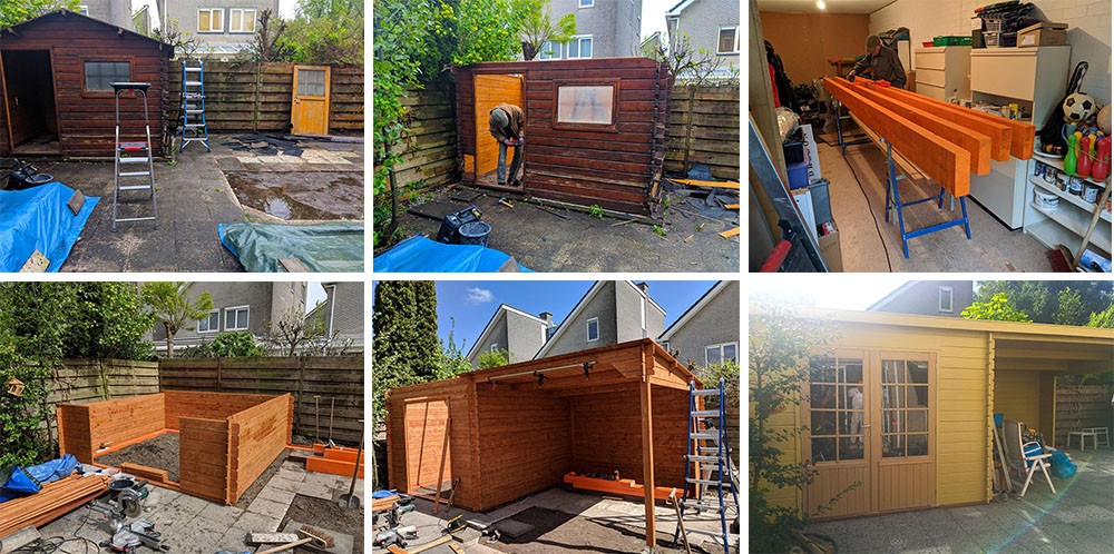 Het oude tuinhuisje wordt vervangen voor een nieuwe met overkapping Het oude tuinhuisje wordt vervangen voor een nieuwe met overkapping