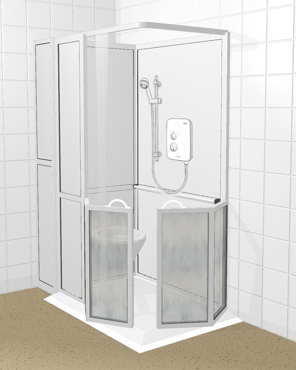 Schets van een Apollo Aqua douchecabine met hangtoilet Schets van een Apollo Aqua douchecabine met hangtoilet
